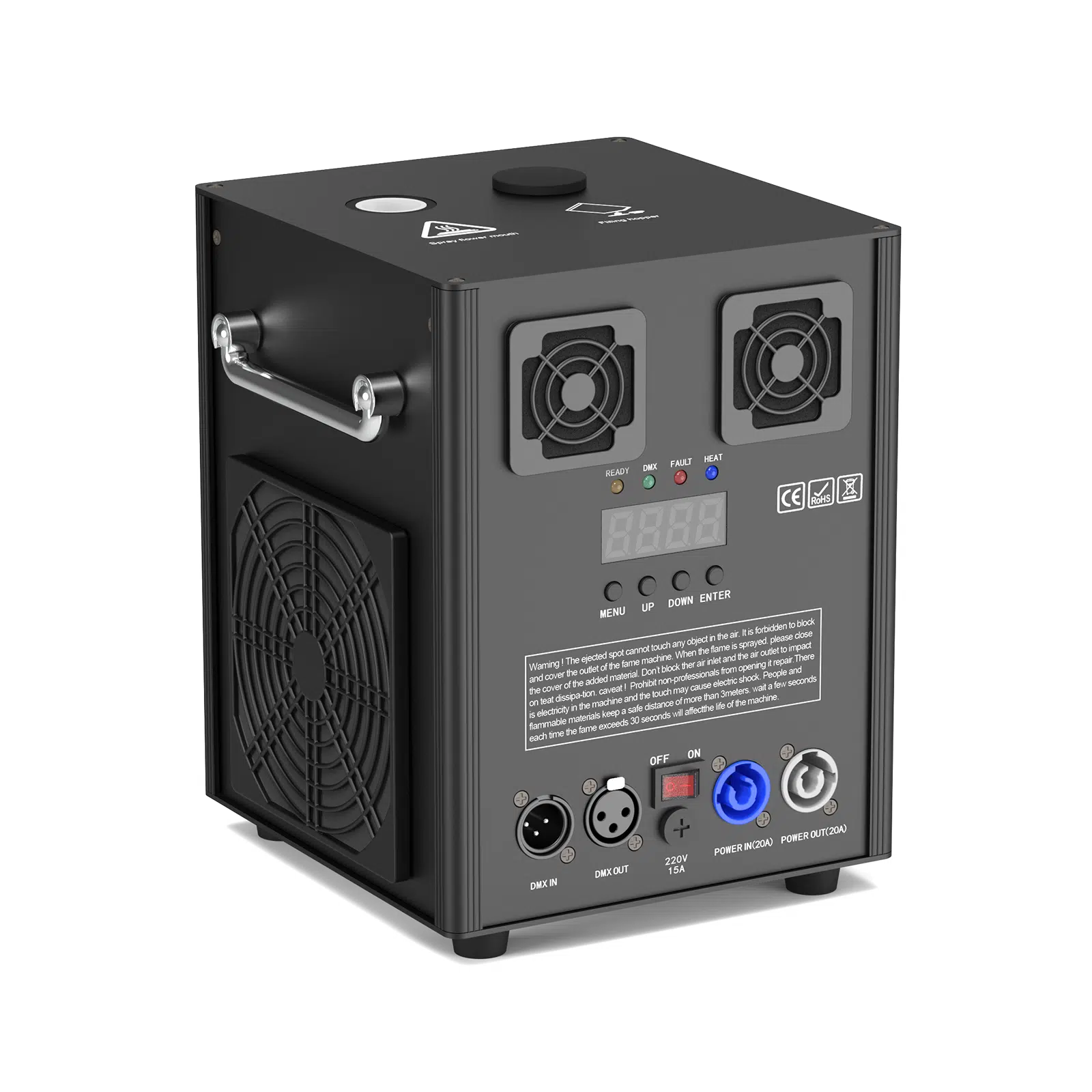 UKING ZQ16050 Cold Spark Machine, black, with dual cooling fans, LCD display, DMX ports & carry handle for events.